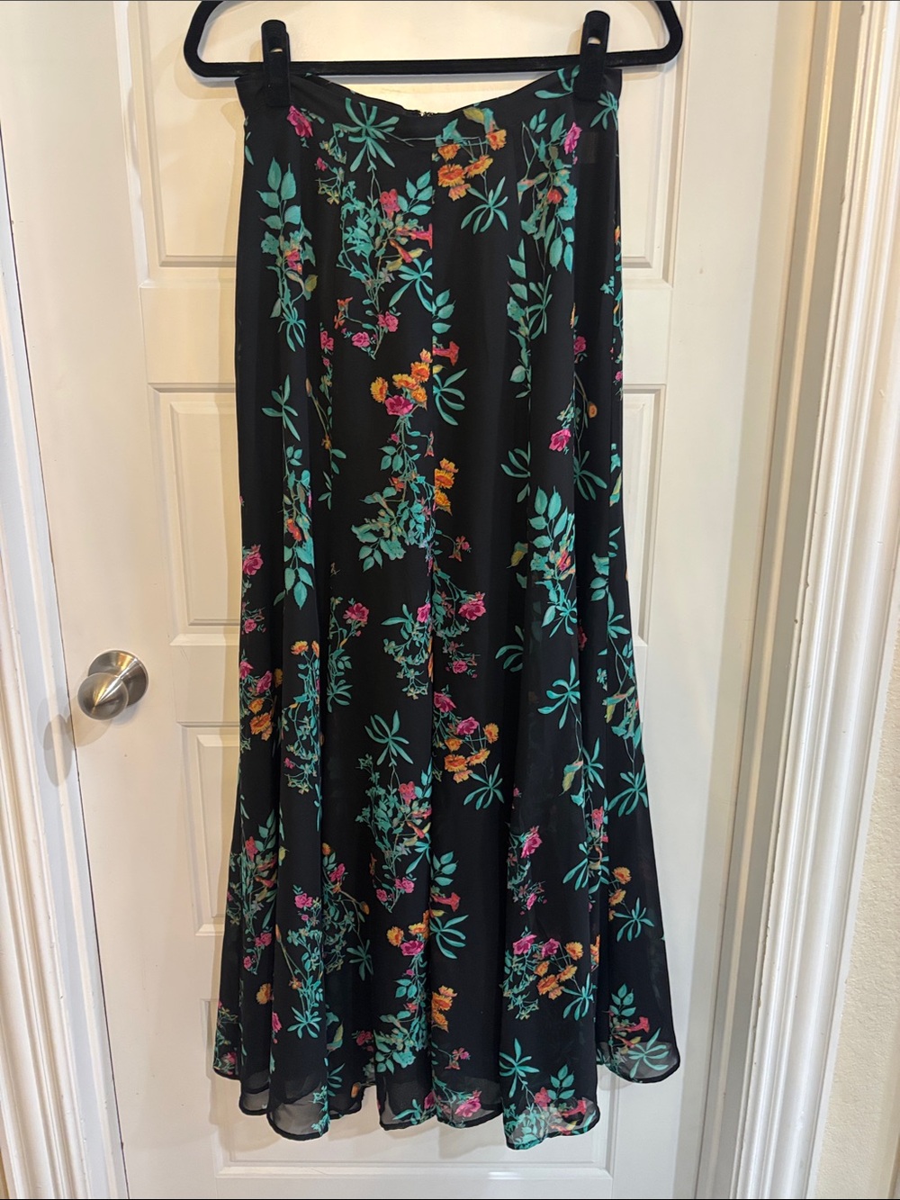 Eva Mendes Black Floral Maxi Skirt with Teal, Pink & Orange Accents medium